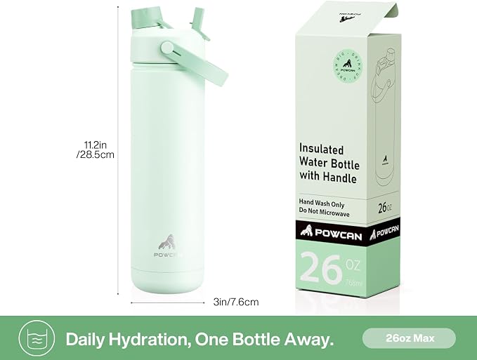 POWCAN 26 oz Insulated Water Bottle with 2-in-1 Straw and Spout Lid, Keep Cold 24H, Leak-Proof, Fits in Car Cup Holder, Stainless Steel Water Bottle for Sports, Travel, Gift, School (Avocado Grove)