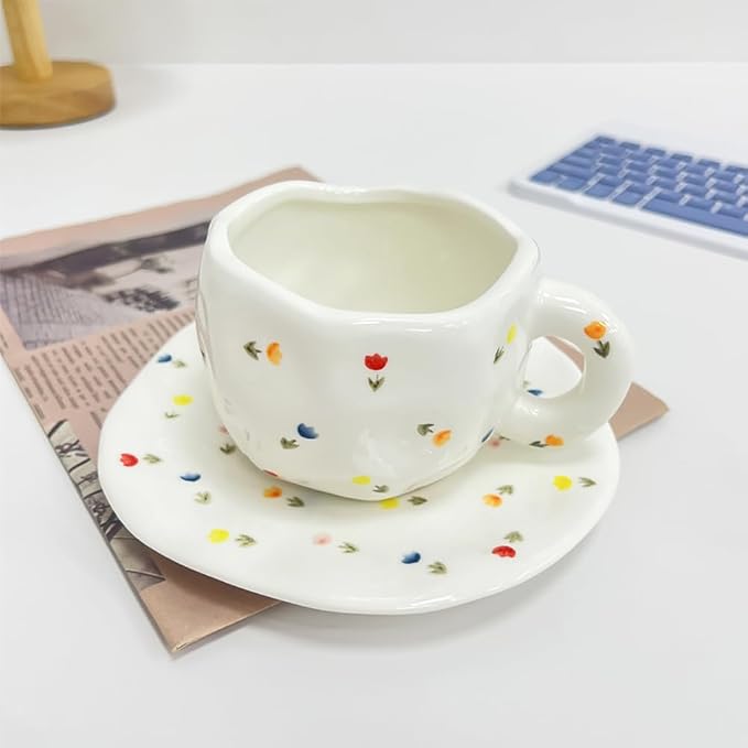 Noviko Flower Coffee Mug Fancy Tea Cups and Saucers Set for Mom 10 oz