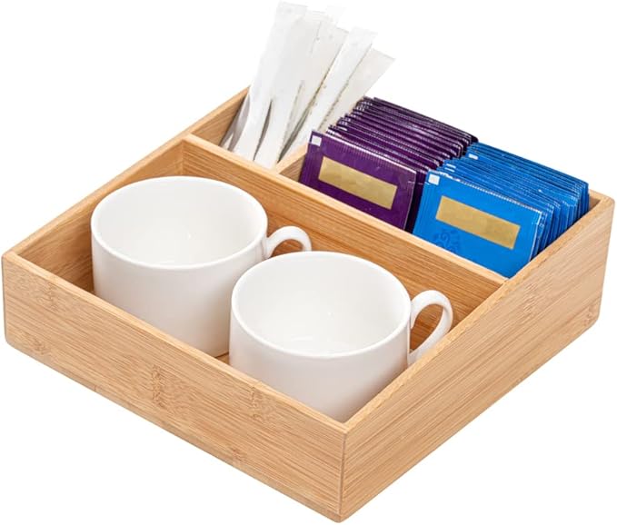 Restaurantware-8.3 x 8.3 x 2 Inch Coffee Condiment Organizer, 1 Square Creamer Organizer - 3 Compartments, Break-Resistant, Bamboo Coffee Accessory Caddy, Won't Chip, For Sugar Packets And Creamers