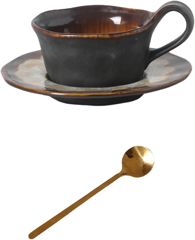 Japanese Raku Porcelain Ceramic Coffee Mug Set 5.4 fl oz with Saucer & Spoon - Handmade Modern Tea Cups for Espresso, Latte, Cappuccino - 2 Color (White&Blue, Brown&Yellow) (brown + yellow)