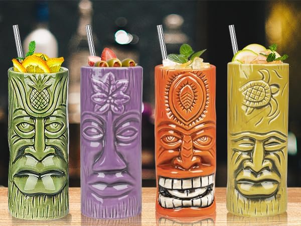SuproBarware Tiki Mugs Set of 12 - Large Cocktail Tiki Glasses Hawaiian Party Cute Exotic Cocktail Glasses Hawaiian Ceramic Mug