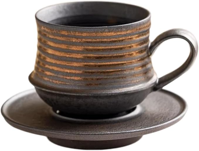 210ml Ceramic Mug Saucer Set Home Wabi Sabi | retro, artisan, original design, minimalist, durable, latte, afternoon tea