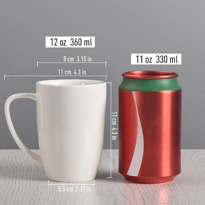 homEdge Porcelain Mug Set, 12 Ounces Cup for Tea, Latte, Mocha, Hot Chocolate, Set of 6, White