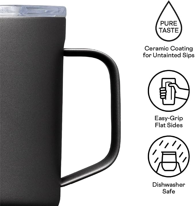 Corkcicle Pure Taste Mug - Stainless Steel Insulated Coffee Cup With Lid - Non-Slip Silicone Base - Ceramic Interior Coating - Durable Travel Mug - Dishwasher Safe - 16 oz - Ceramic Slate/Grey
