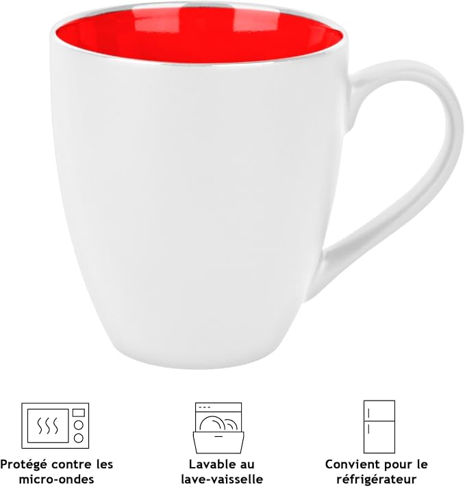 MIAMIO - Set of 6 Coffee Mugs 12 ounce – Modern Ceramic Coffee Cup Set in White Red – Large Coffee Cups for Coffee, Tea and Cappuccino – Dishwasher and Microwave Safe