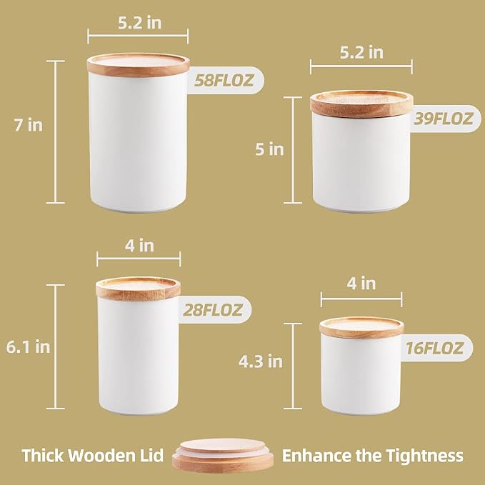 Sweejar Kitchen Canisters Ceramic Food Storage Jar Set, Stackable Containers with Airtight Seal Wooden Lid for Serving Ground Coffee, Tea, Herbs, Grains, Sugar, Salt - Set of 4 (Gray)