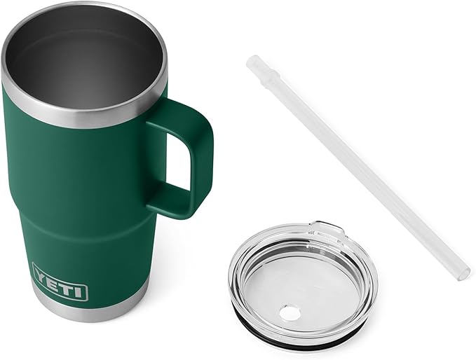 YETI Rambler 25 oz Tumbler with Handle and Straw Lid, Travel Mug Water Tumbler, Vacuum Insulated Cup with Handle, Stainless Steel, Black Forest Green
