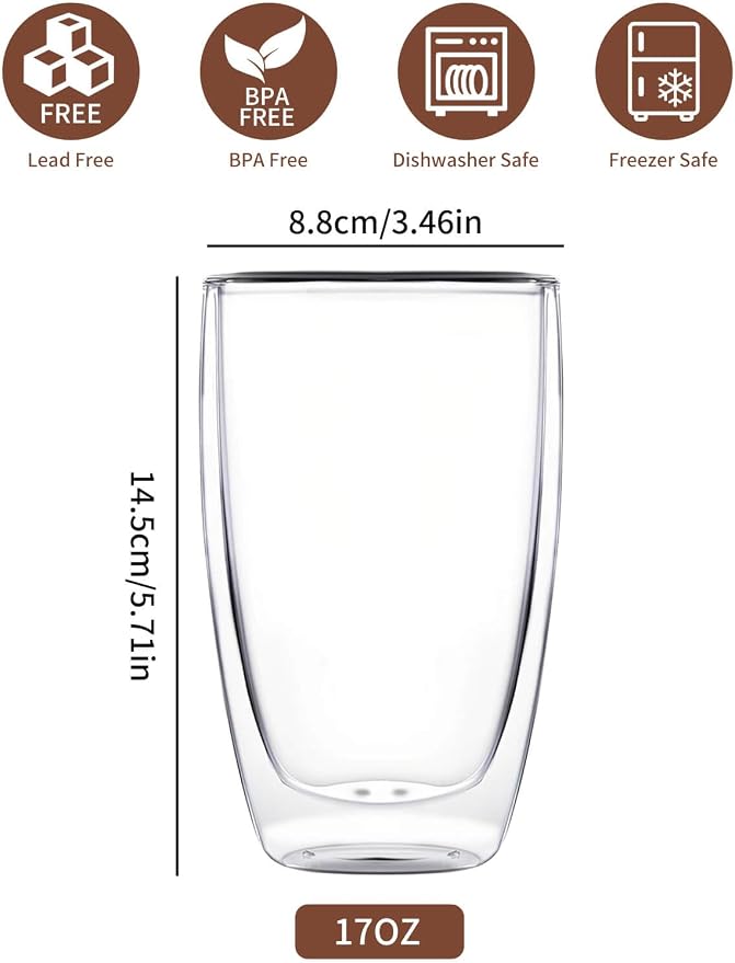 DOPUDO 17oz Double Wall Glass Coffee Mugs, Insulated Coffee Mug, Clear Borosilicate Glass Coffee Cups for Cappuccino, Tea, Lightweight and Microwave Safe
