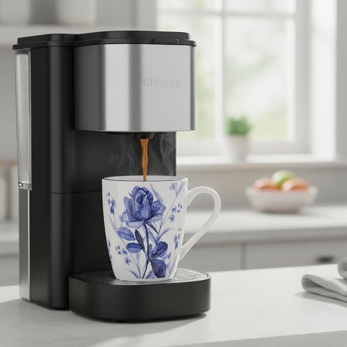 Lorren Home Trends Floral Rose Coffee Mug Set of 4, 12 Oz, Microwave and Dishwasher Safe, Bone China (DARK BLUE)