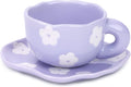 Noviko Purple Flower Mug and Saucer Set - Cute Ceramic Mug for Girls and Mom - 7 oz