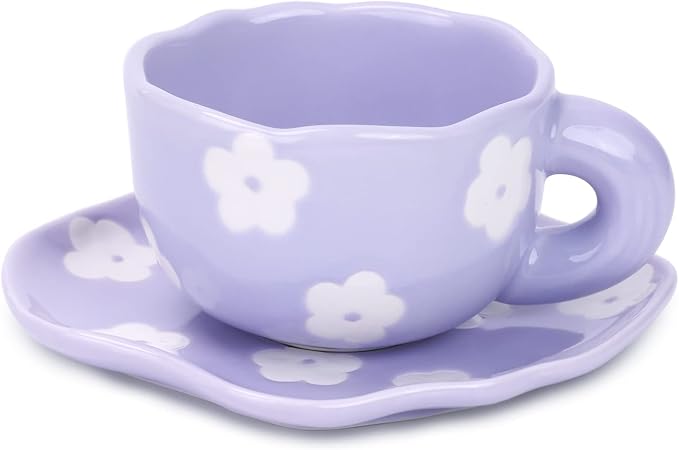 Noviko Purple Flower Mug and Saucer Set - Cute Ceramic Mug for Girls and Mom - 7 oz