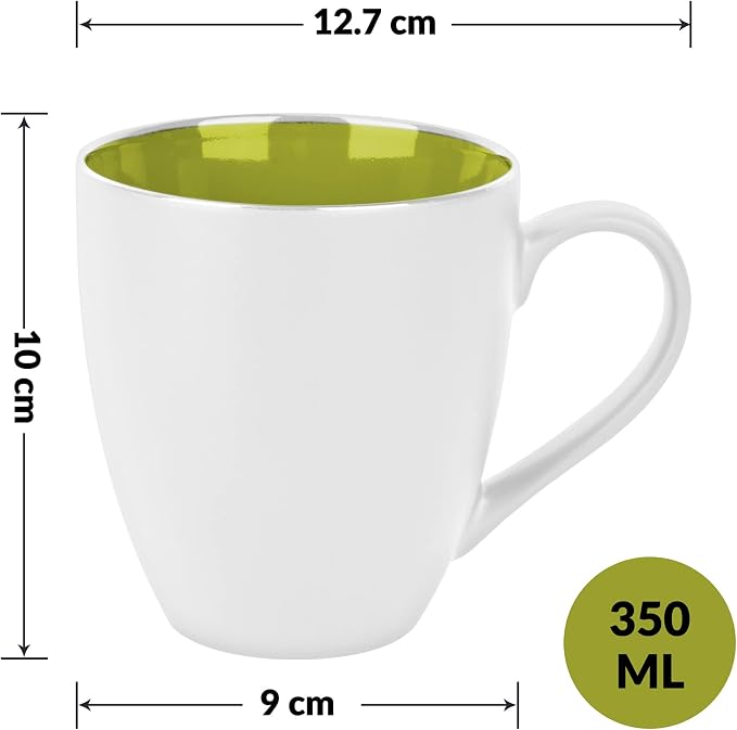 MIAMIO - Set of 6 Coffee Mugs 12 oz – Modern Ceramic Coffee Cup Set in White Multicolor – Large Coffee Cups for Coffee, Tea and Cappuccino – Dishwasher and Microwave Safe