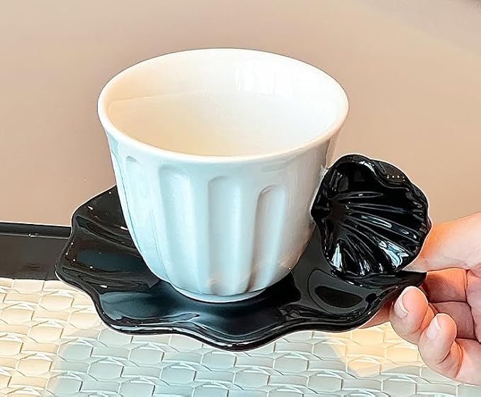 Pearl Shell Ceramic Coffee Mug with Shell Coaster Set for Tea Latte Milk Cute Cup with Saucer for Home Office Women Gift 6.5 oz (black S, 270 ml)