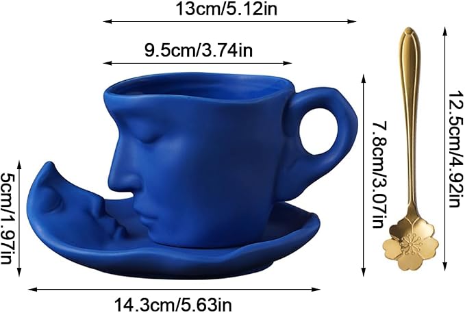 Human Face Ceramic Coffee Mug, 8.8oz/260ml Kissing Coffee Cup with Saucer Coffee Spoon, Tea Cup Milk Latte Espresso Cappuccino Juice Beverage Iced Tea Water Cups Drinkware (Blue)