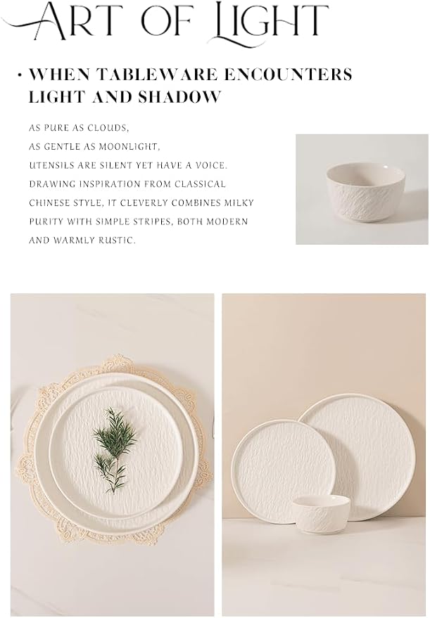 4-piece set, ceramic, embossed stone design plate and bowl set, microwave and dishwasher compatible tableware set, shatterproof and scratch resistant dinner set, irregular edge design, white