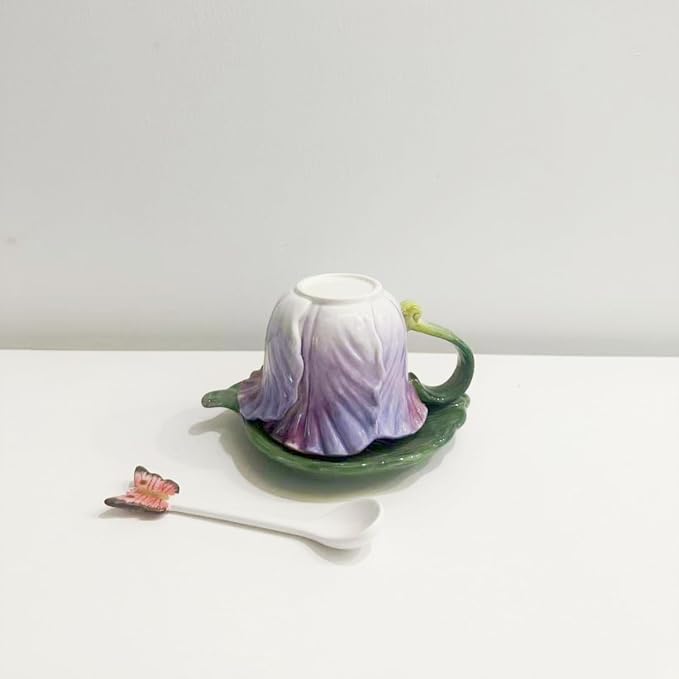 Ceramic Tea Cup and Saucer Set ，8OZ 3D Hand-Painted Flower Coffee Mug，Gift for Women -Pinkish Purple