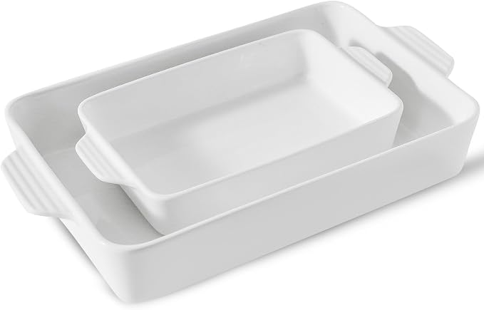Ceramic Baking Casserole Dish with Handles, Large 9x13 inch Pan and Middle Baking Pan - Porcelain Serving Bakeware Set (White)