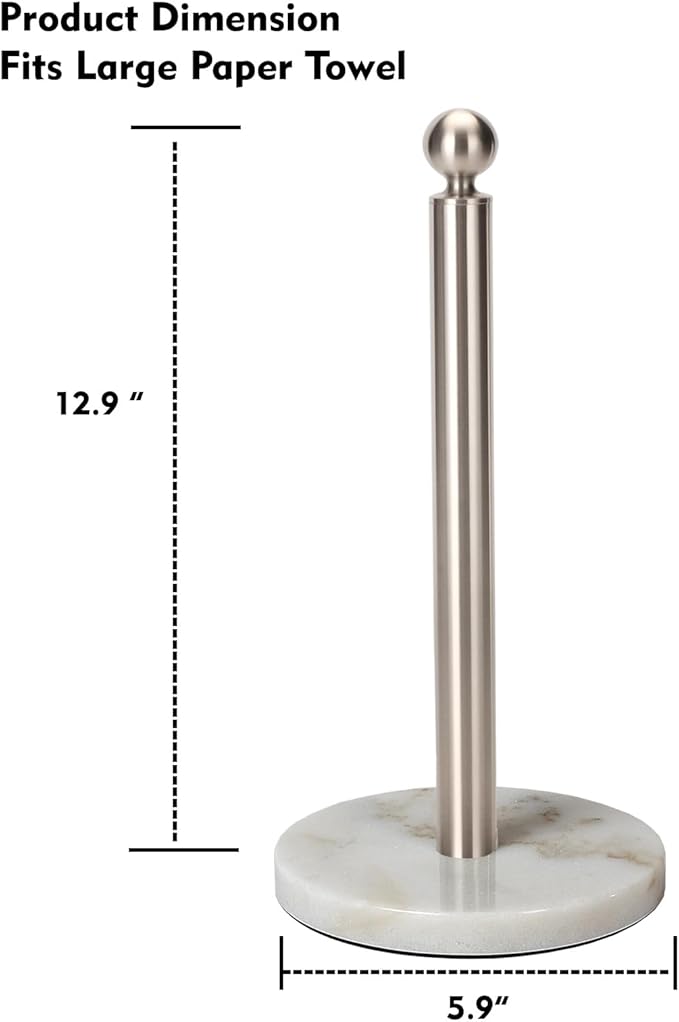 Paper Towel Holder Countertop, Standing Paper Towel Roll Holder for Kitchen Bathroom, with Weighted Base for One-Handed Operation (Marble Base, Brushed Nickel)