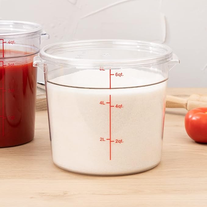 Restaurantware Met Lux 6 Quart Food Storage Containers 10 Round Commercial Storage Containers - Lids Sold Separately With Volume Markers Clear Plastic Food Prep Buckets Space-Saving Storage