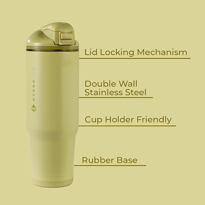 HydroJug Ease2o Water Bottle with Straw & Chug Lid, Stainless Steel, Vented Cap to Help Reduce Pressure, Water-Level Window, Cup Holder Friendly, Non-Slip Base – 32oz, Olive