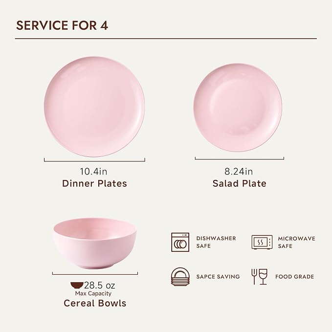 KINGSTONE 12-Piece Bone China Dinnerware Set for 4, Lightweight Porcelain Round Plates and Bowls Set, Durable Scratch Resistant Ceramic Dinner Set, Microwave & Dishwasher Safe, Sakura Pink