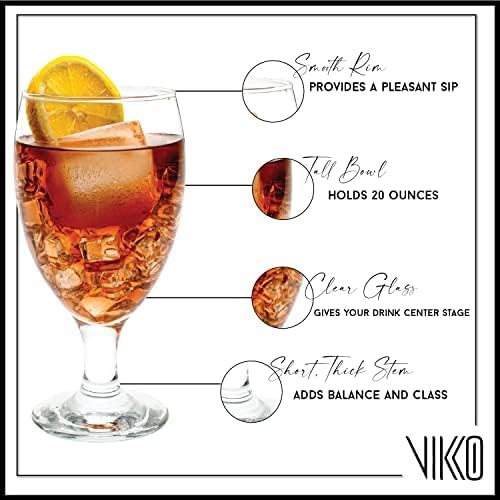 Vikko Classic Goblet Party Glasses, Iced Tea Glasses 20 Ounce, Set of 6 Goblets, Iced Tea and Water Goblets, Dishwasher Safe Durable Glassware