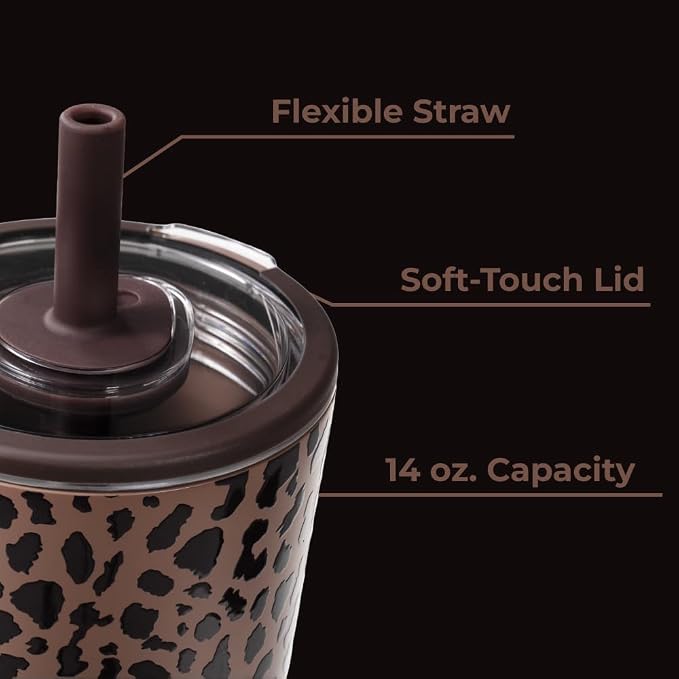 HydroJug Everyday Tumbler 14 oz, Ceramic-Lined Straw Cup, Brown Leopard
