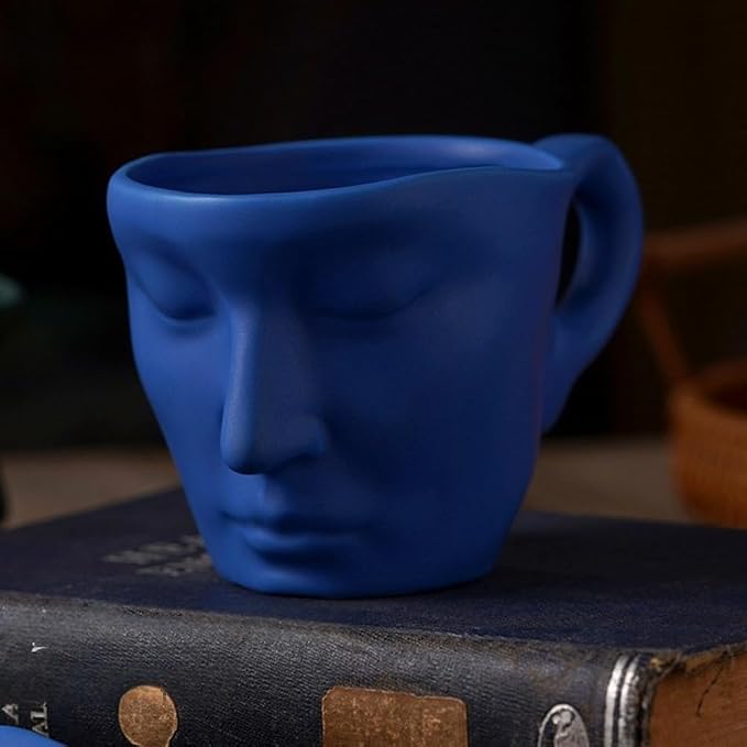 Human Face Ceramic Coffee Mug, 8.8oz/260ml Kissing Coffee Cup with Saucer Coffee Spoon, Tea Cup Milk Latte Espresso Cappuccino Juice Beverage Iced Tea Water Cups Drinkware (Blue)
