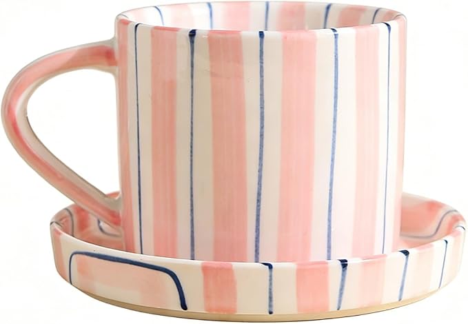 Hand-Painted Ceramic Coffee Mug and Saucer Set, 8 oz Artisan Striped Porcelain Espresso Cup, Decorative Tea Cup with Large Handle for Home, Office,Pink