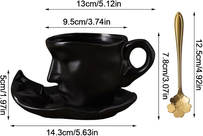 Human Face Ceramic Coffee Mug, 8.8oz/260ml Kissing Coffee Cup with Saucer Coffee Spoon, Tea Cup Milk Latte Espresso Cappuccino Juice Beverage Iced Tea Water Cups Drinkware (Black)