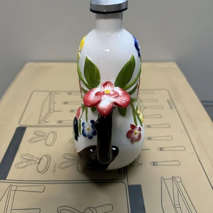 18.26oz/540ml Decorative Olive Oil Dispenser Bottle for Kitchen,Hand Painted Relief Ceramic Olive Oil Bottle,Ceramic Oil Container (Handmade Flowers)