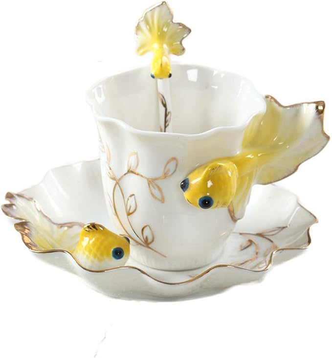 ZaH 3D Goldfish Coffee Mugs Animal Rainbow Ceramic Mug Milk Teacup Afternoon Tea Cup and Saucer Set with Spoon (Yellow)