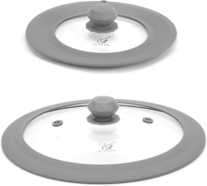 Set of 2 Vented Tempered Glass Universal Lid for Pot Pan Skillet with Heat Resistant Silicone Microwave Splatter Cover Microwave Safe Fit 6.5" 7" 7.5" and 11.5" 12" 12.5", Light Grey