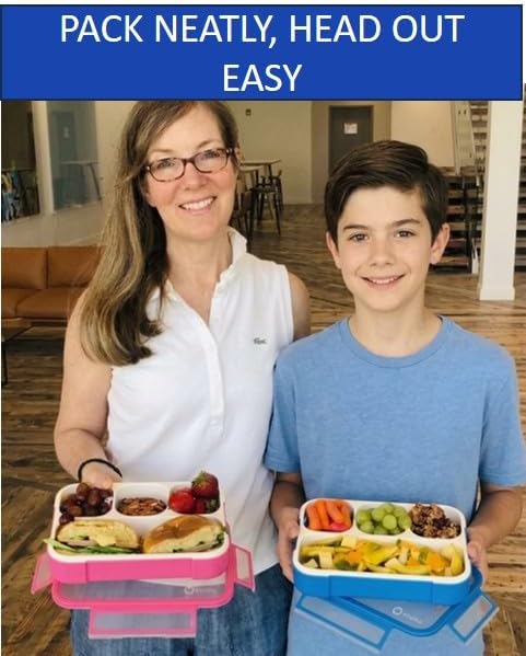 kinsho Bento Lunch Box for Kids Adults, 4 Sealed Divided Compartments, Portion Control Meal or Snack Containers for Boys Girls Women Men, School Work BPA Free with Utensils, Blue + Rose Pink 2 Pack