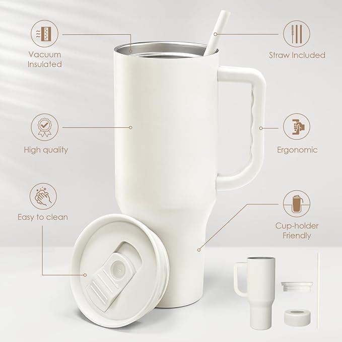 SANDJEST Ivory 40oz Tumbler with Handle and Straw, Insulated Stainless Steel Travel Coffee Mug for Women Girls, Gift Idea for Birthday Christmas Mothers Day