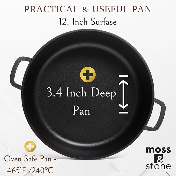 Moss & Stone 12 Inch Nonstick Large Skillet with Lid, 5 Quart Deep Saute Pan, Dishwasher & Oven Safe, Double Handled Frying Pan With Lid, PFOA Free Induction Compatible Cookware