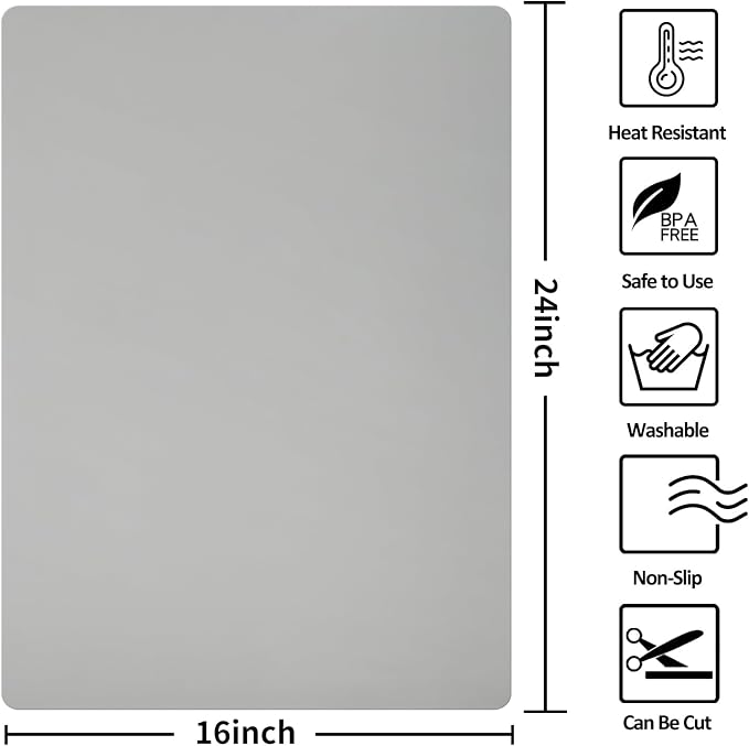 Silicone Mats for Kitchen Counter Thicker Extra Large Heat Resistant Mats Countertop Protector Liners for Bottom of Oven Air Fryer Coffee Maker, 24" x 16" x 2 mm, Grey