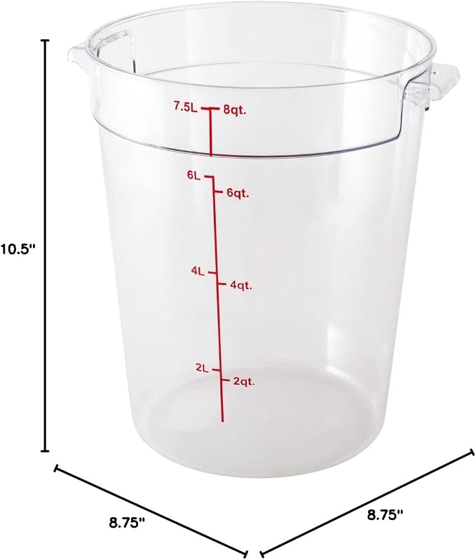 Restaurantware Met Lux 8 Quart Food Storage Containers 10 Round Commercial Storage Containers - Lids Sold Separately With Volume Markers Clear Plastic Food Prep Buckets Space-Saving Storage