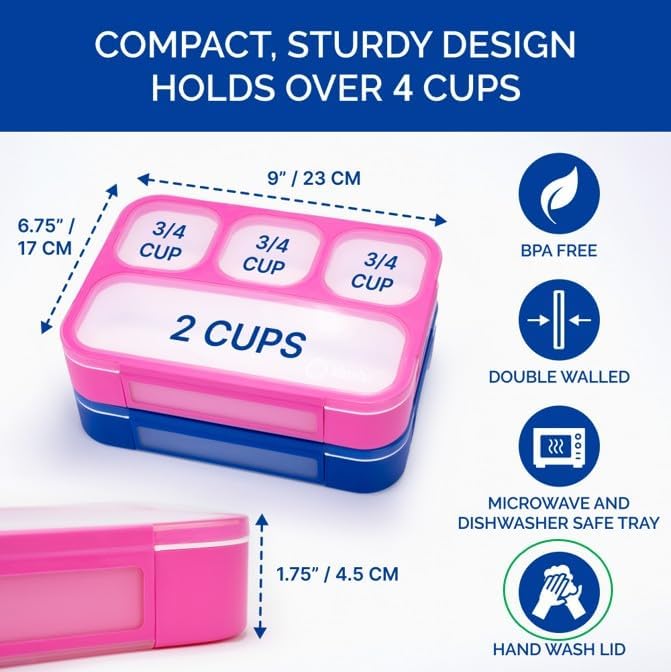 kinsho Bento Lunch Box for Kids Adults, 4 Sealed Divided Compartments, Portion Control Meal or Snack Containers for Boys Girls Women Men, School Work BPA Free with Utensils, Blue + Rose Pink 2 Pack
