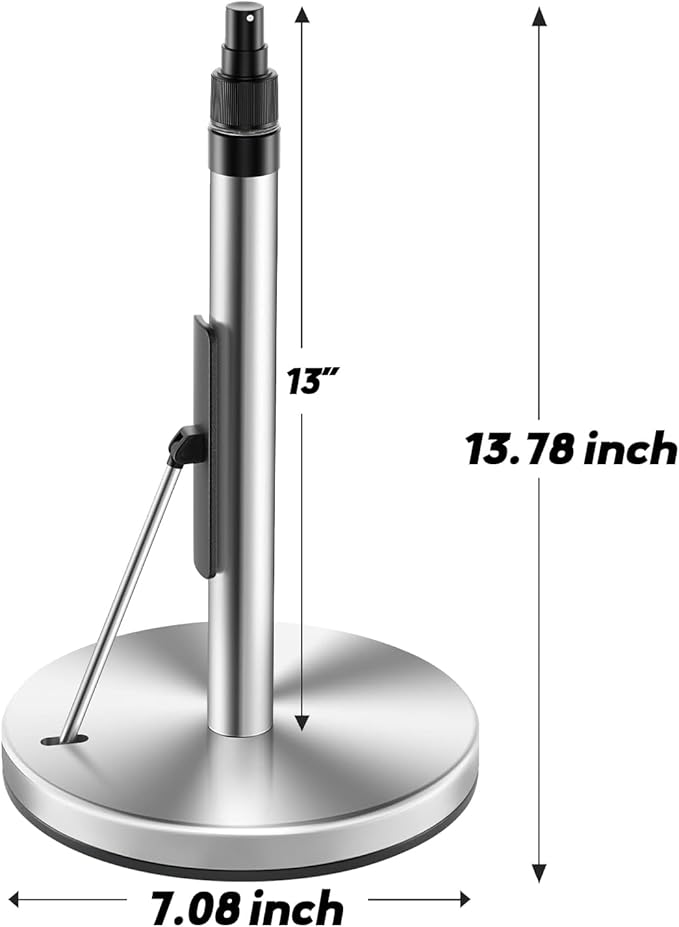 DAWNER Standing Paper Towel Holder with Spray Bottle, Weighted Base with Suction Cups, Paper Towel Stand with Spring-Loaded Arm for Kitchen, Countertop, Stainless Steel Brushed Nickel Finish