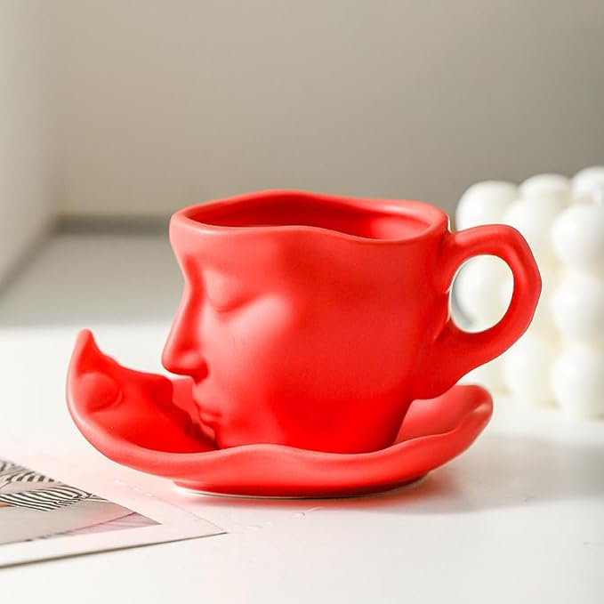 Human Face Ceramic Coffee Mug, 8.8oz/260ml Kissing Coffee Cup with Saucer Coffee Spoon, Tea Cup Milk Latte Espresso Cappuccino Juice Beverage Iced Tea Water Cups Drinkware (Red)
