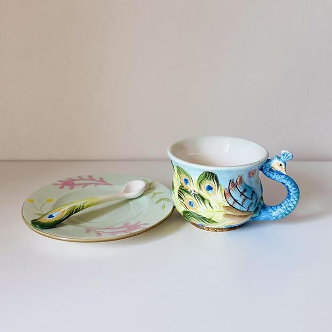 Ceramic Tea Cup and Saucer Set ，6OZ 3D Hand-Painted Peacock Coffee Mug，Gift for Women