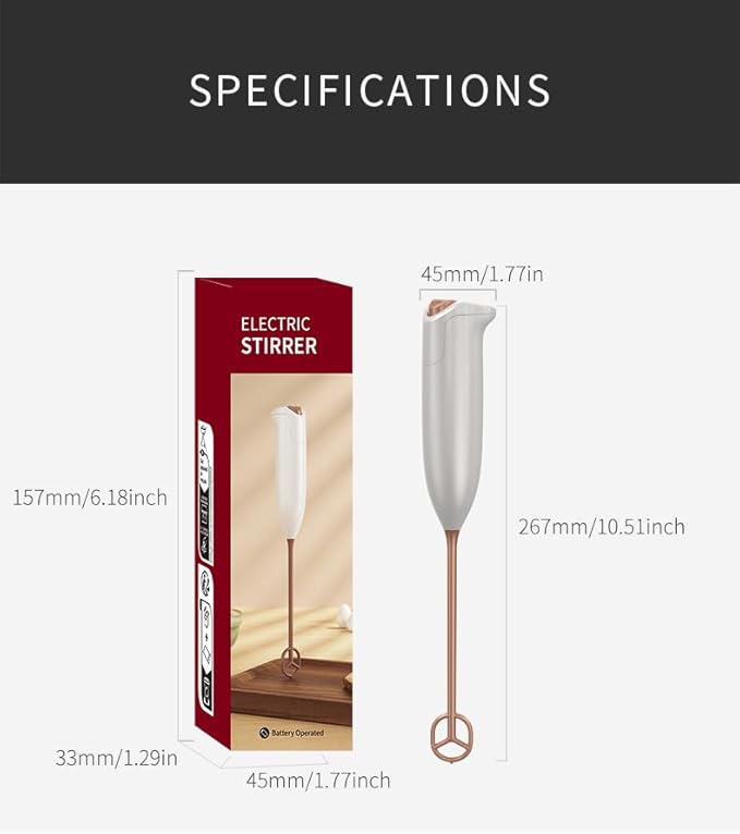 Electric Milk Frother, White, Rose Gold Accents, 1W High-Torque Motor, Handheld Design, Battery Powered, for Coffee Drinks, Baby Food Mixing