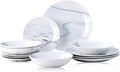 Bestone 12-Piece Round Kitchen Dinnerware Set, Plates, Bowls, Service for 4, Blue and White Marble