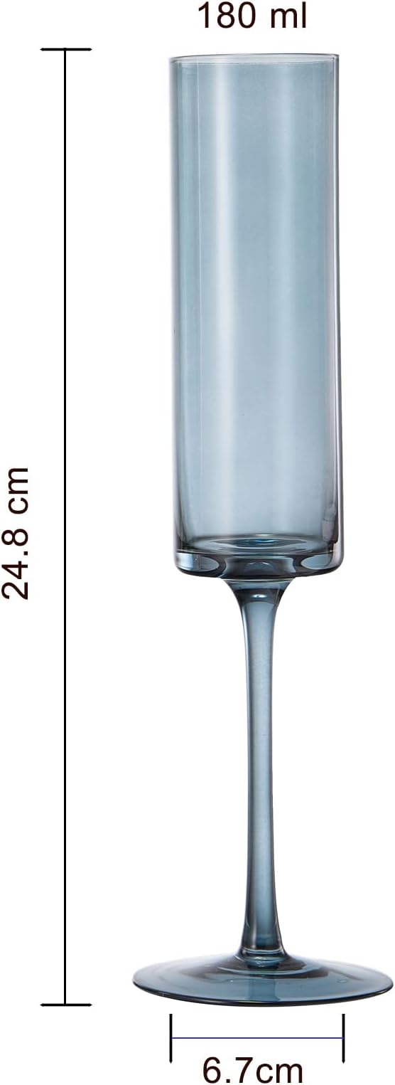 Khen Colored Champagne Flute Stemmed Glasses | Set of 6 | 6oz Art Deco Stemmed Martini Muted Vintage Glasses for Champagne, Cocktail, Margarita, Wedding Glass, Gift Idea, Muted Pastel Colors Unique