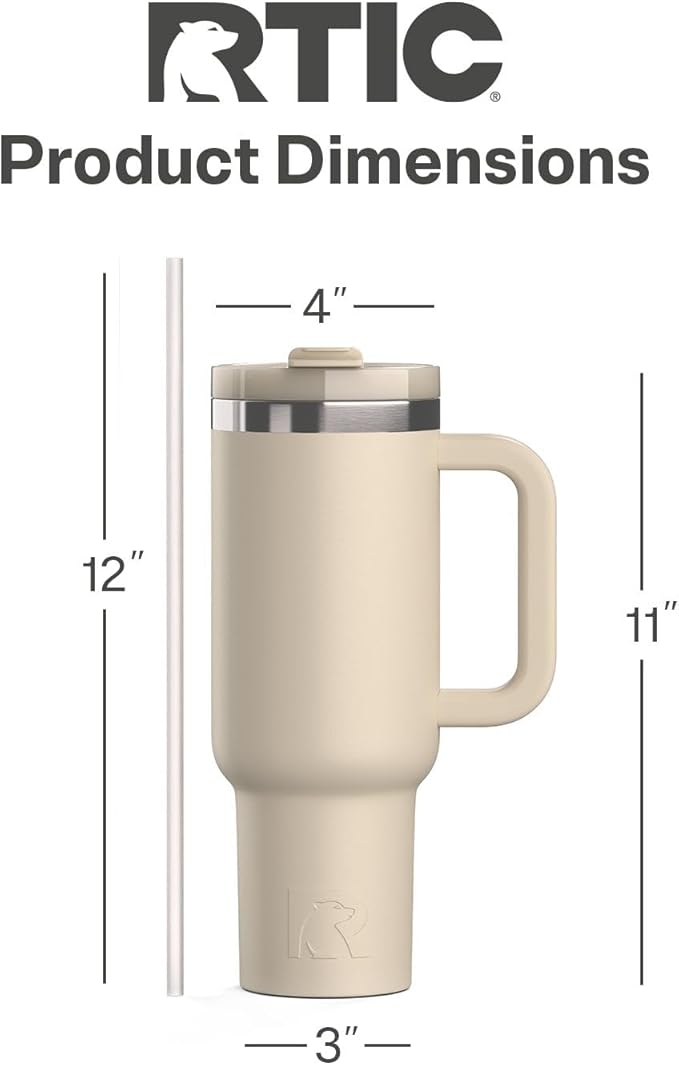 RTIC 40 oz Road Trip Tumbler Double-Walled Cermaic Lined Insulated Stainless Steel Portable Travel Coffee Mug Cup with Lid, Handle and Straw, Beach