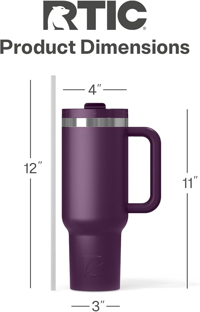 RTIC 40 oz Road Trip Tumbler Double-Walled Cermaic Lined Insulated Stainless Steel Portable Travel Coffee Mug Cup with Lid, Handle and Straw, Plum