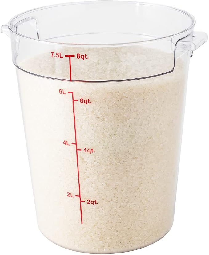 Restaurantware Met Lux 8 Quart Food Storage Container, 1 Round Commercial Storage Container - Lid Sold Separately, With Volume Markers, Clear Plastic Food Prep Bucket, Space-Saving Storage