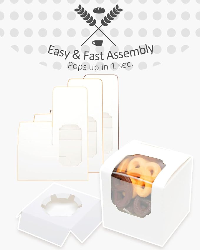 qiqee Cupcake Boxes 200-Packs Individual Cupcake Container White 3.5" x 3.5" x 3.5" Single Auto-pop up Cupcake Boxes