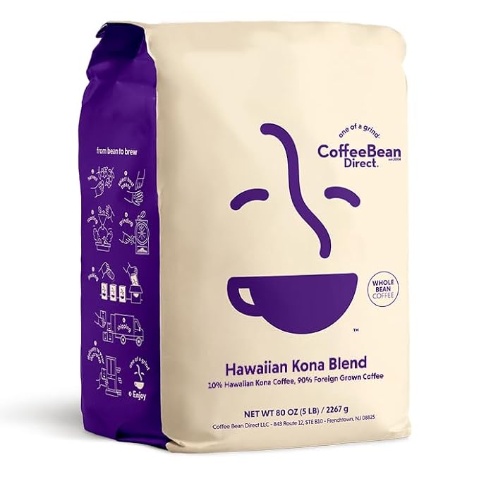 Coffee Bean Direct Hawaiian Kona Blend, Whole Bean Coffee, Contains 10% Hawaiian Kona Coffee, Light Roast, 5 Pound Bag (Pack of 1)